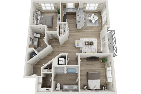 2 bedroom 2 bath 1278sf 3ed floor plan at The Edison Lofts Apartments, Raleigh